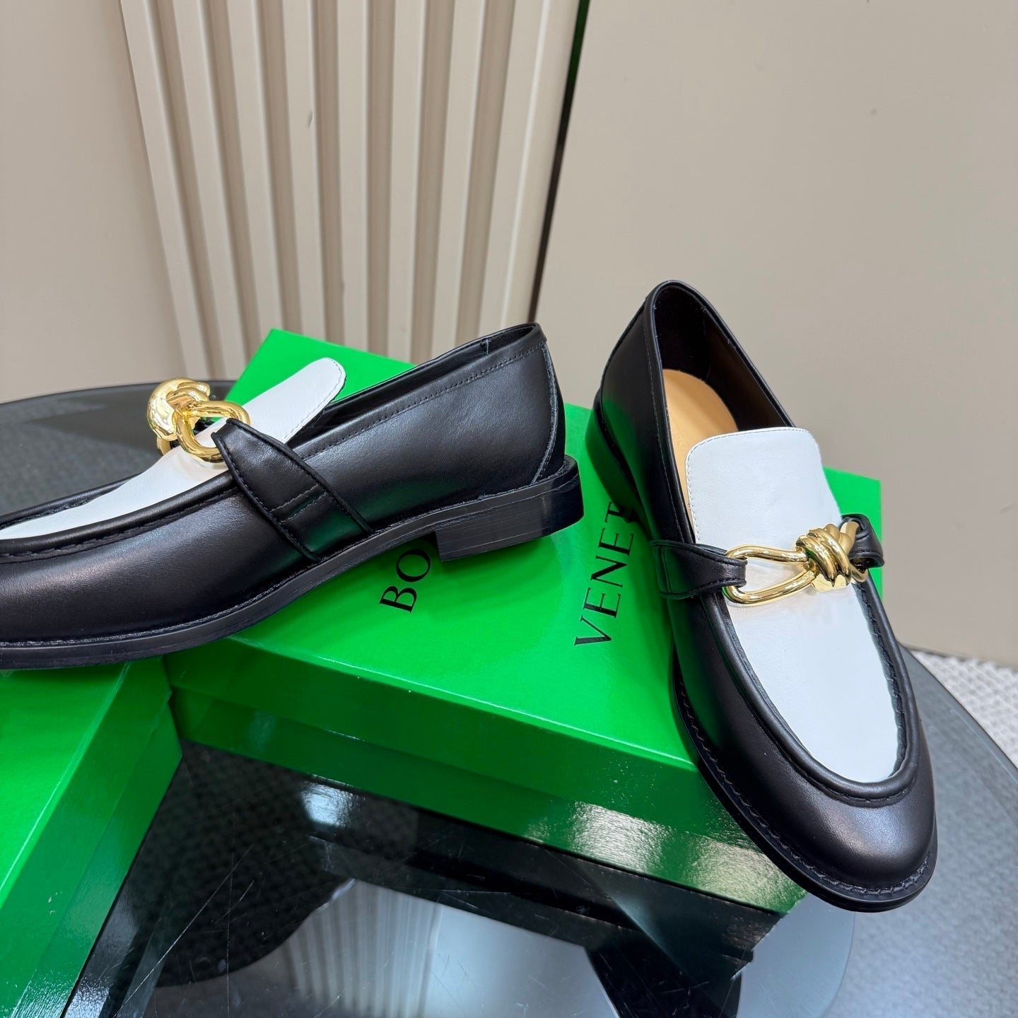 ASTAIRE LOAFER IN WHITE MIX BLACK CALFSKIN WITH GOLD HARDWARE - 35