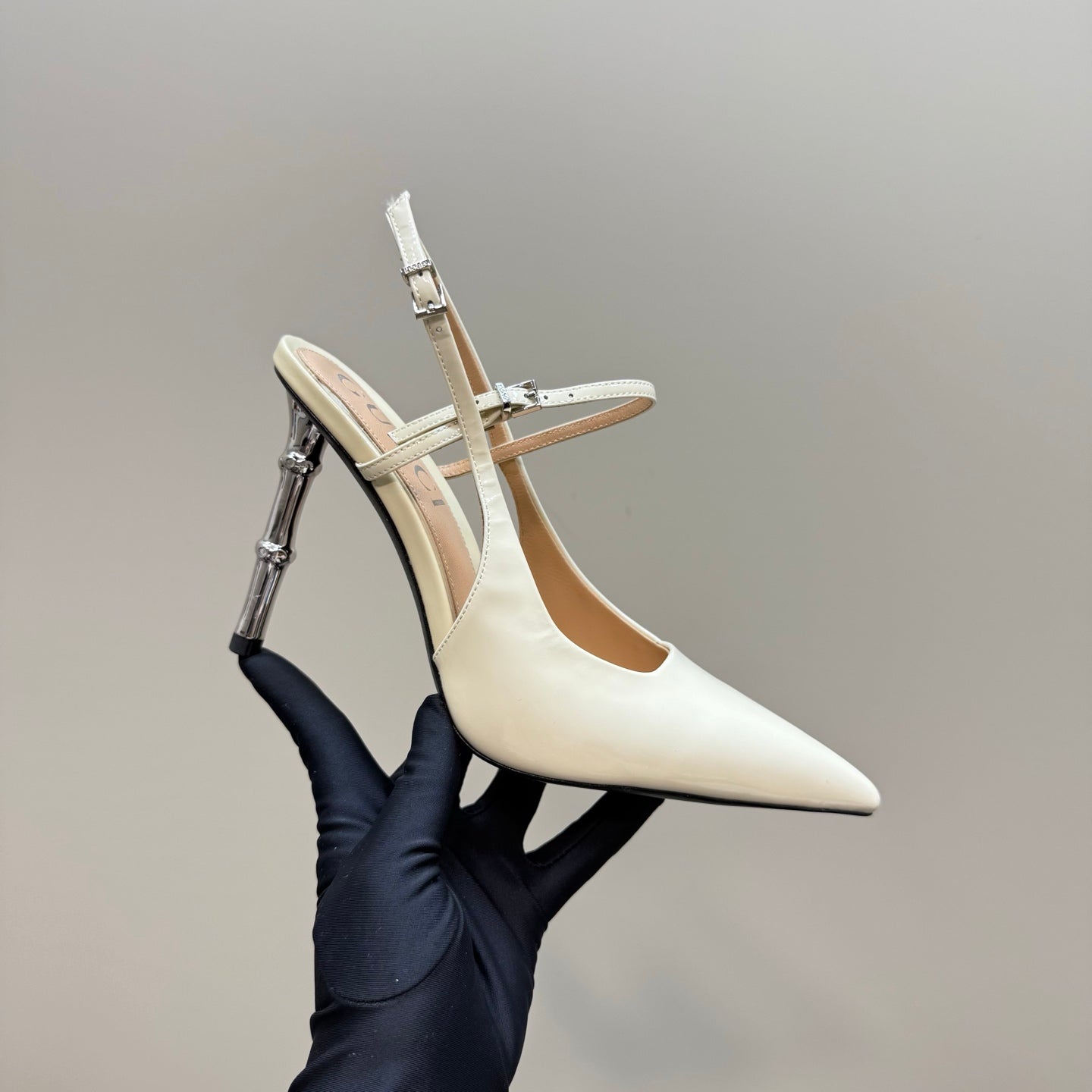 POINTED-TOE HIGH BAMBOO-EFFECT HEEL SLINGBACK IN CREAM PATENT CALFSKIN - 35