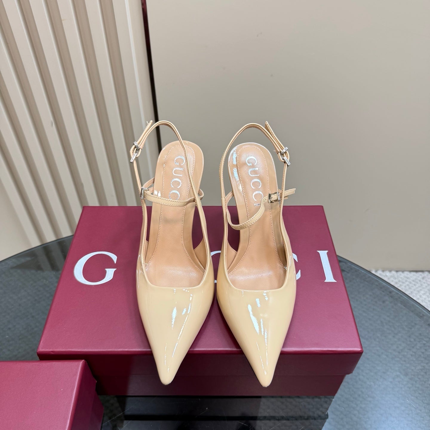 POINTED-TOE HIGH BAMBOO-EFFECT HEEL SLINGBACK IN BEIGE PATENT CALFSKIN - 35