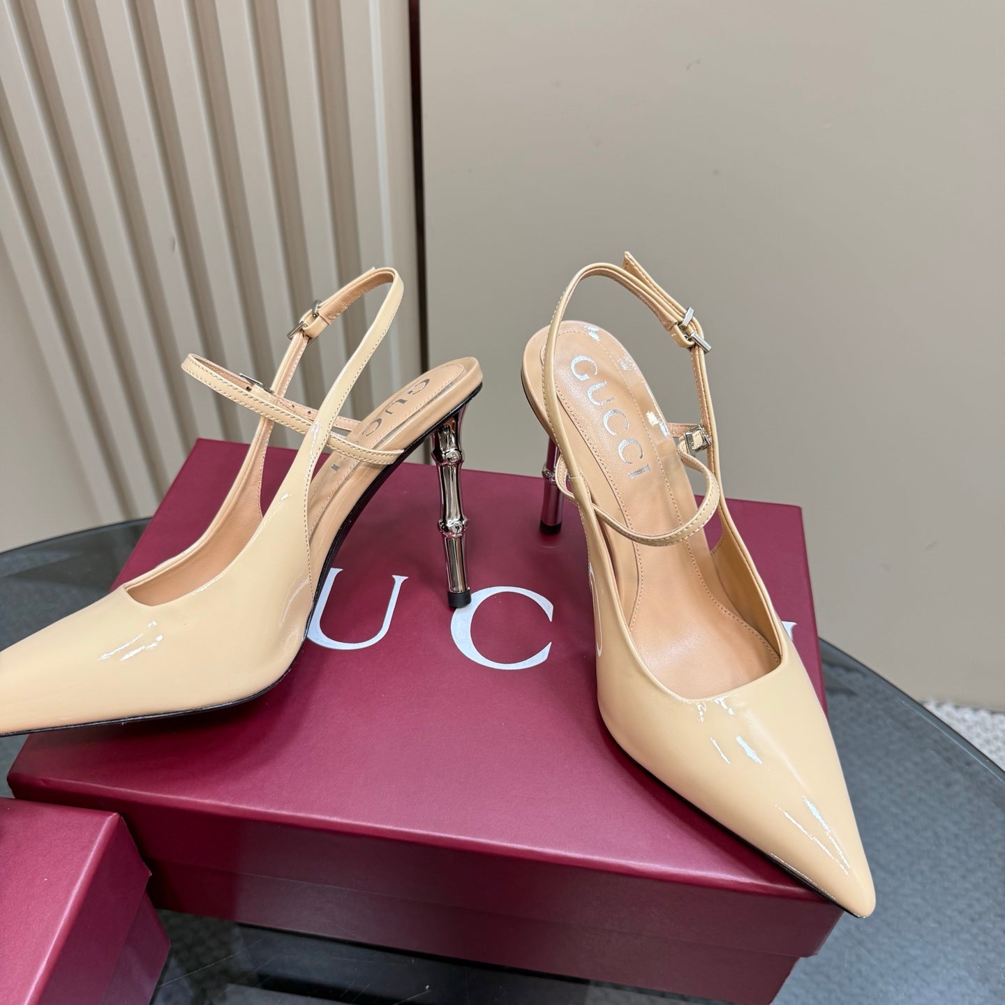 POINTED-TOE HIGH BAMBOO-EFFECT HEEL SLINGBACK IN BEIGE PATENT CALFSKIN - 35