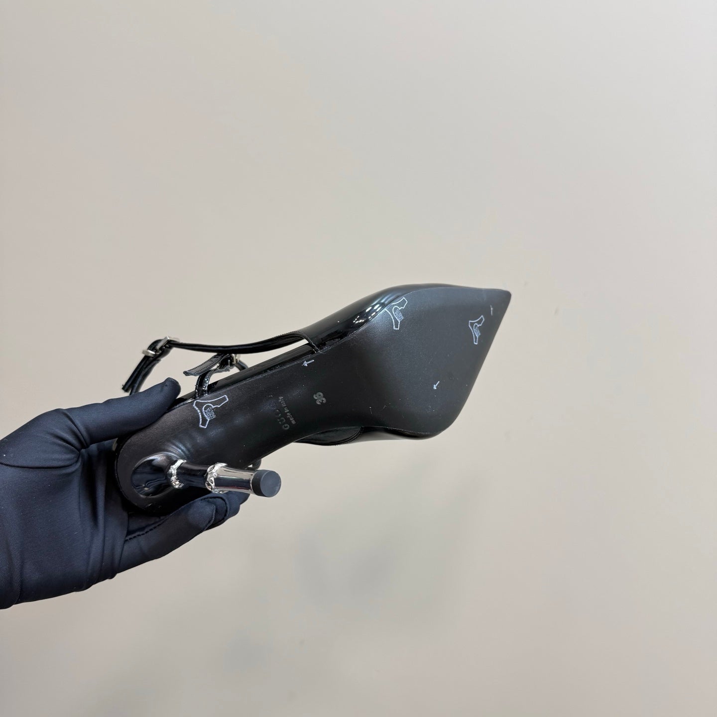 POINTED-TOE HIGH BAMBOO-EFFECT HEEL SLINGBACK IN BLACK PATENT CALFSKIN - 35