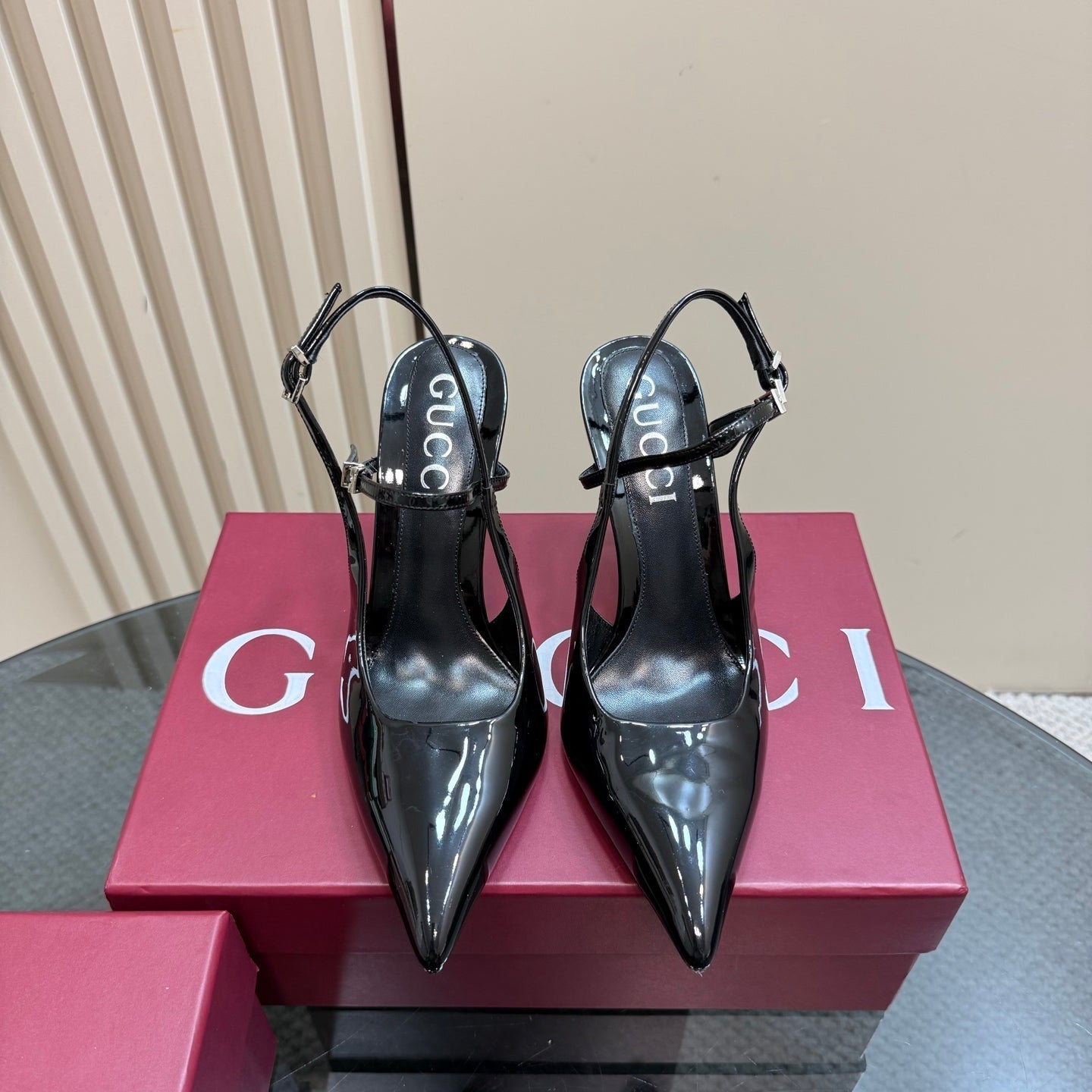 POINTED-TOE HIGH BAMBOO-EFFECT HEEL SLINGBACK IN BLACK PATENT CALFSKIN - 35