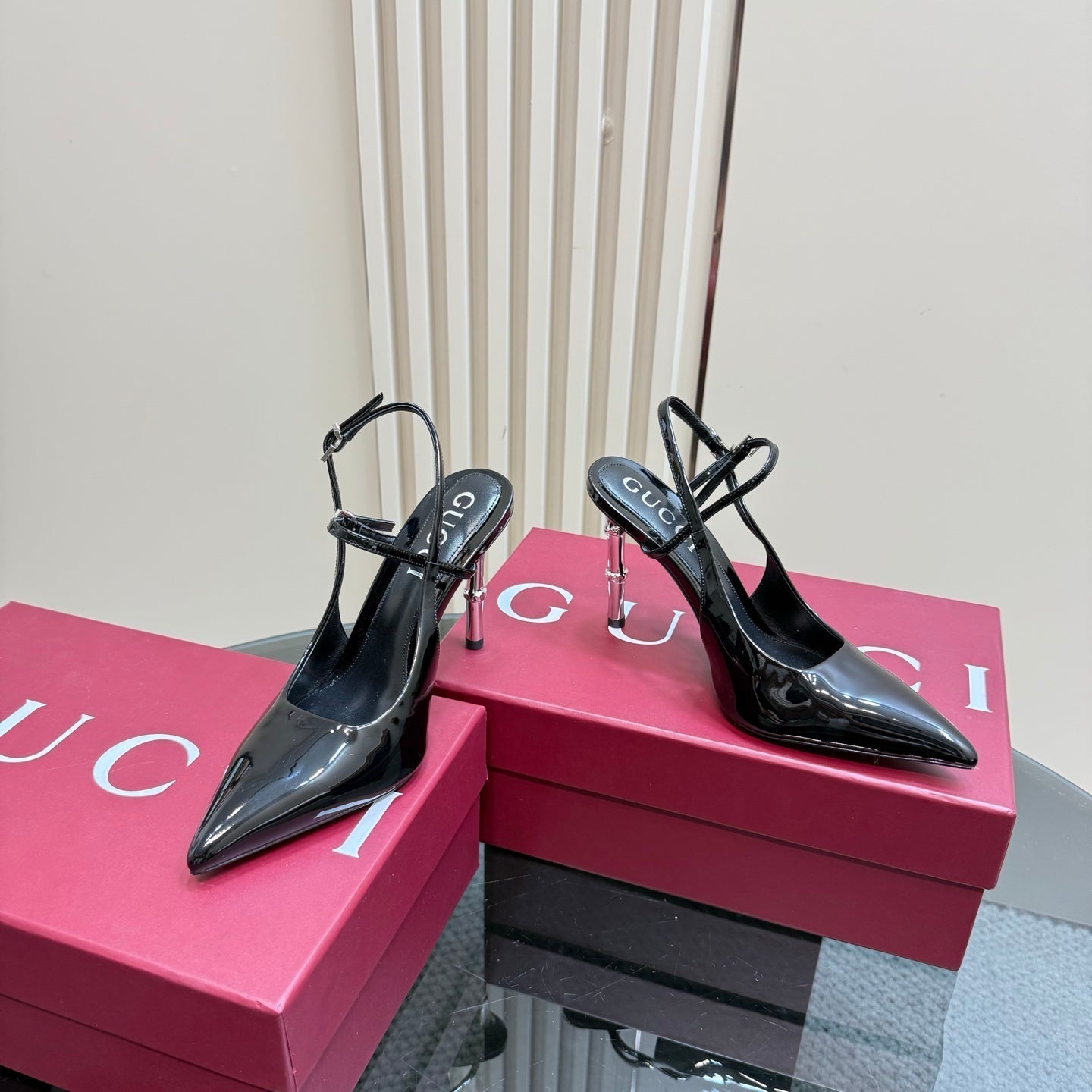 POINTED-TOE HIGH BAMBOO-EFFECT HEEL SLINGBACK IN BLACK PATENT CALFSKIN - 35