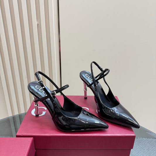 POINTED-TOE HIGH BAMBOO-EFFECT HEEL SLINGBACK IN BLACK PATENT CALFSKIN - 35