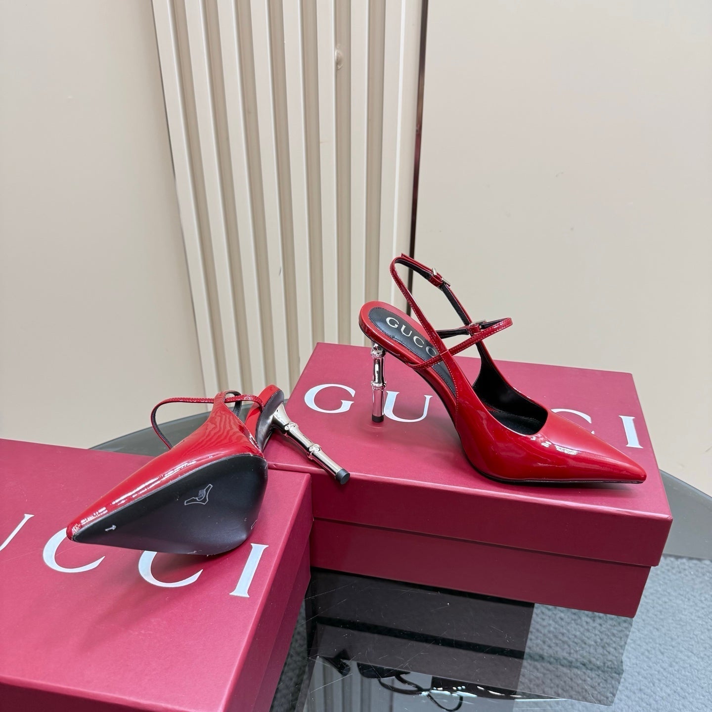 POINTED-TOE HIGH BAMBOO-EFFECT HEEL SLINGBACK IN RED PATENT CALFSKIN - 35