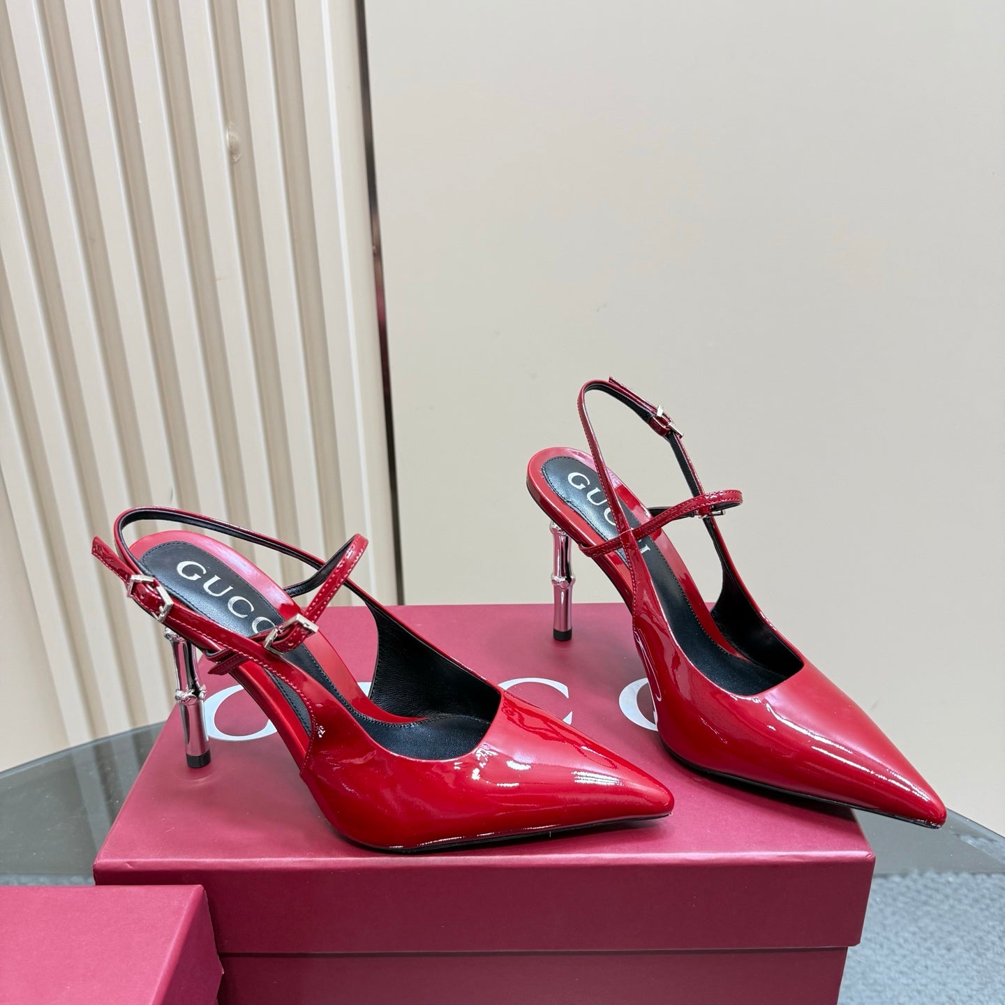 POINTED-TOE HIGH BAMBOO-EFFECT HEEL SLINGBACK IN RED PATENT CALFSKIN - 35