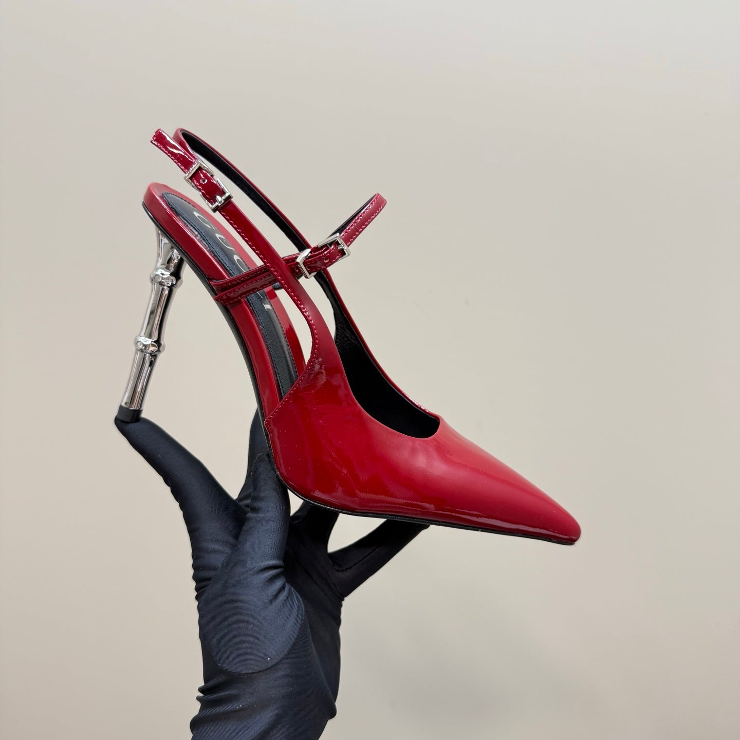 POINTED-TOE HIGH BAMBOO-EFFECT HEEL SLINGBACK IN RED PATENT CALFSKIN - 35