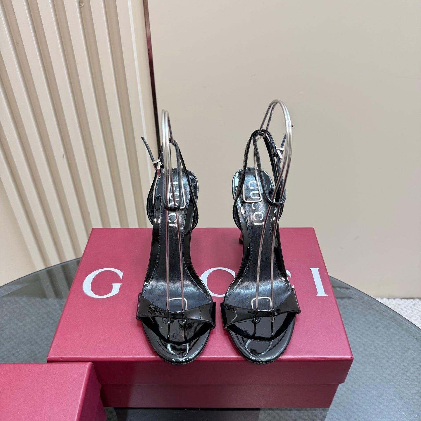 STRAP HIGH BAMBOO-EFFECT HEEL SANDAL IN BLACK PATENT CALFSKIN - 35
