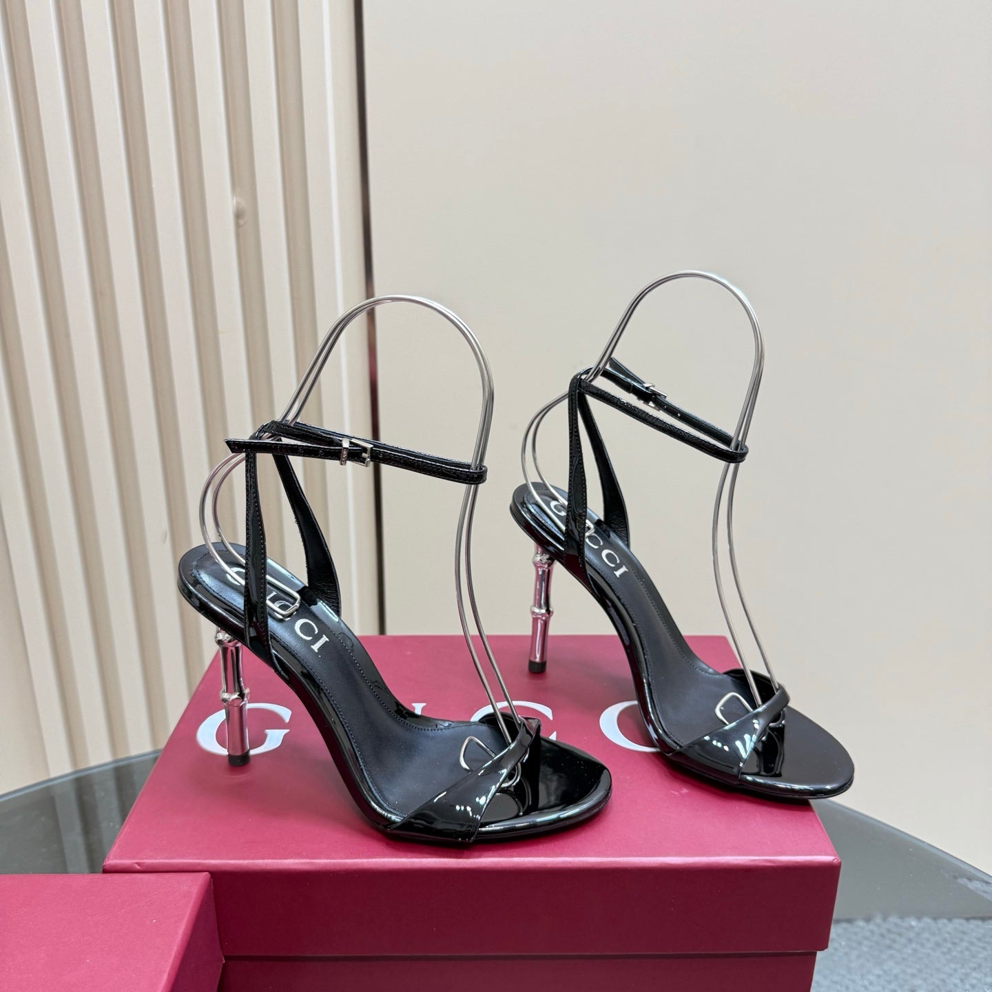 STRAP HIGH BAMBOO-EFFECT HEEL SANDAL IN BLACK PATENT CALFSKIN - 35