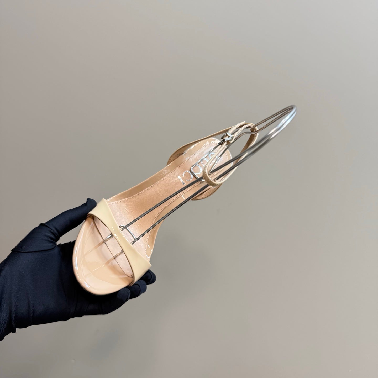 STRAP HIGH BAMBOO-EFFECT HEEL SANDAL IN BEIGE PATENT CALFSKIN - 35