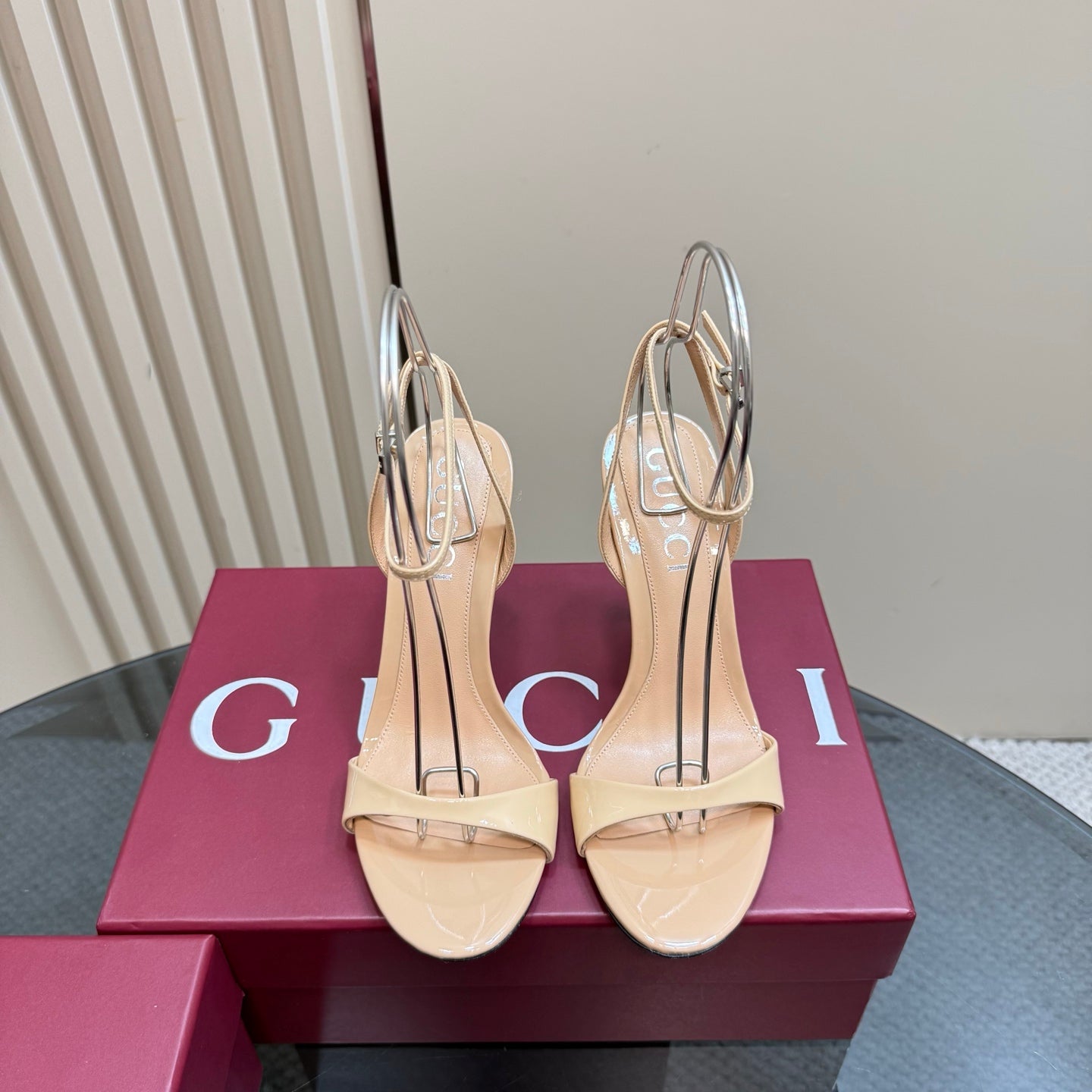 STRAP HIGH BAMBOO-EFFECT HEEL SANDAL IN BEIGE PATENT CALFSKIN - 35