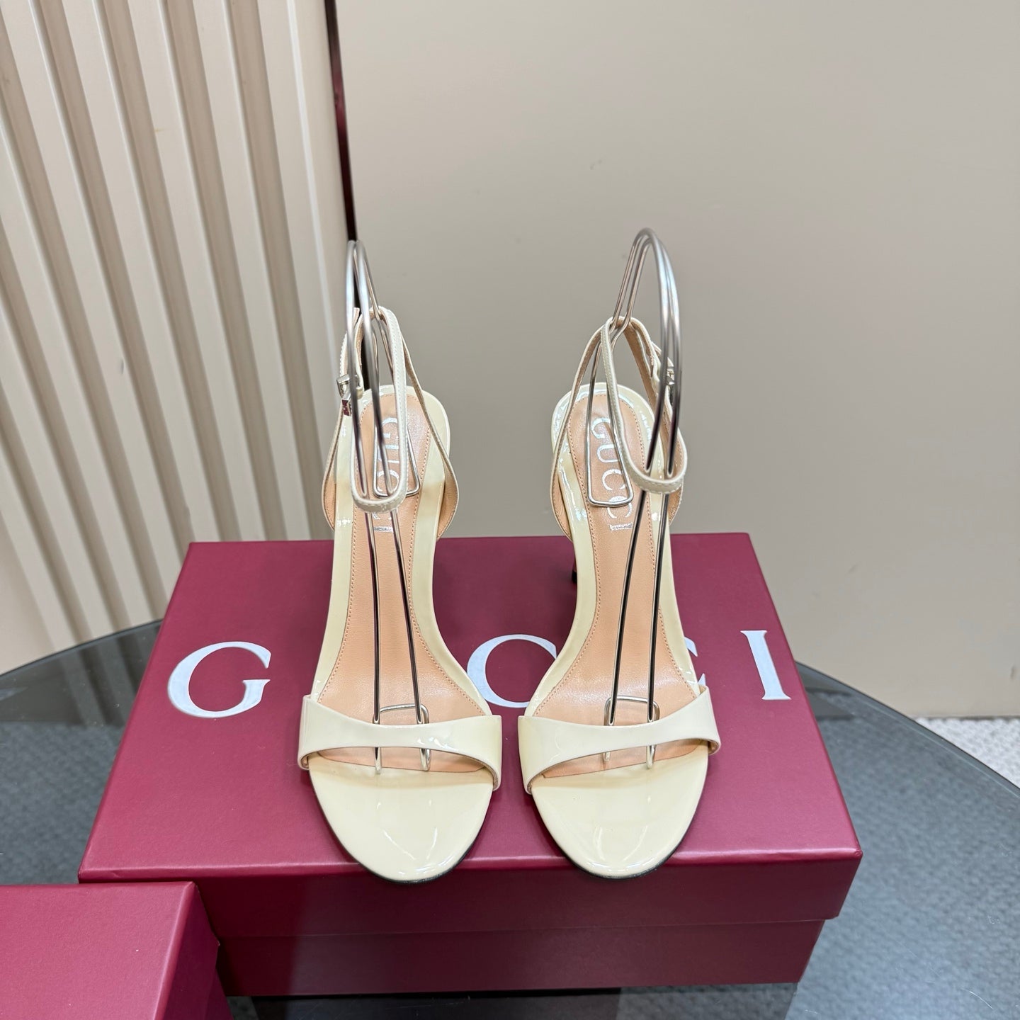 STRAP HIGH BAMBOO-EFFECT HEEL SANDAL IN CREAM PATENT CALFSKIN - 35
