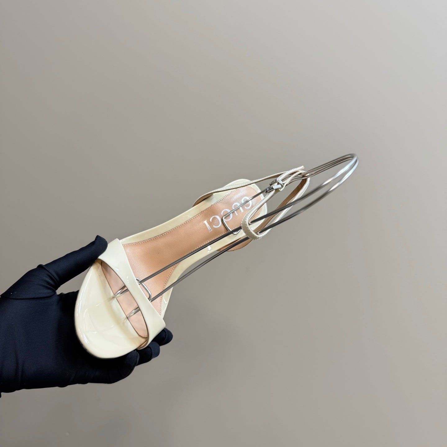 STRAP HIGH BAMBOO-EFFECT HEEL SANDAL IN CREAM PATENT CALFSKIN - 35