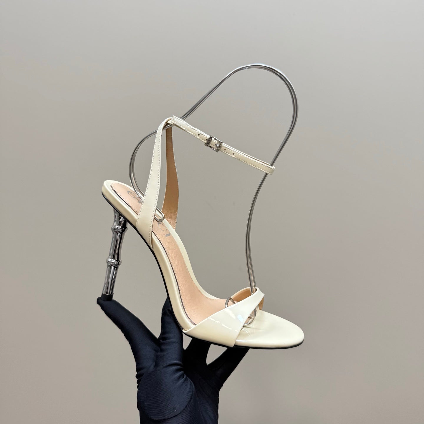 STRAP HIGH BAMBOO-EFFECT HEEL SANDAL IN CREAM PATENT CALFSKIN - 35