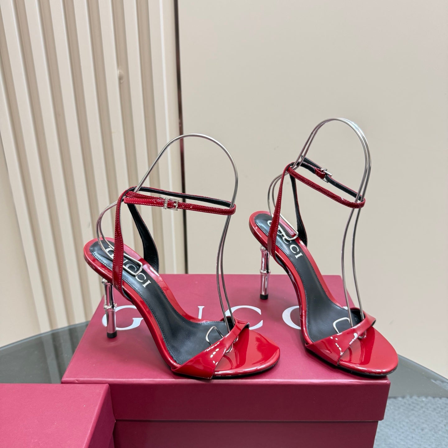 STRAP HIGH BAMBOO-EFFECT HEEL SANDAL IN RED PATENT CALFSKIN - 35