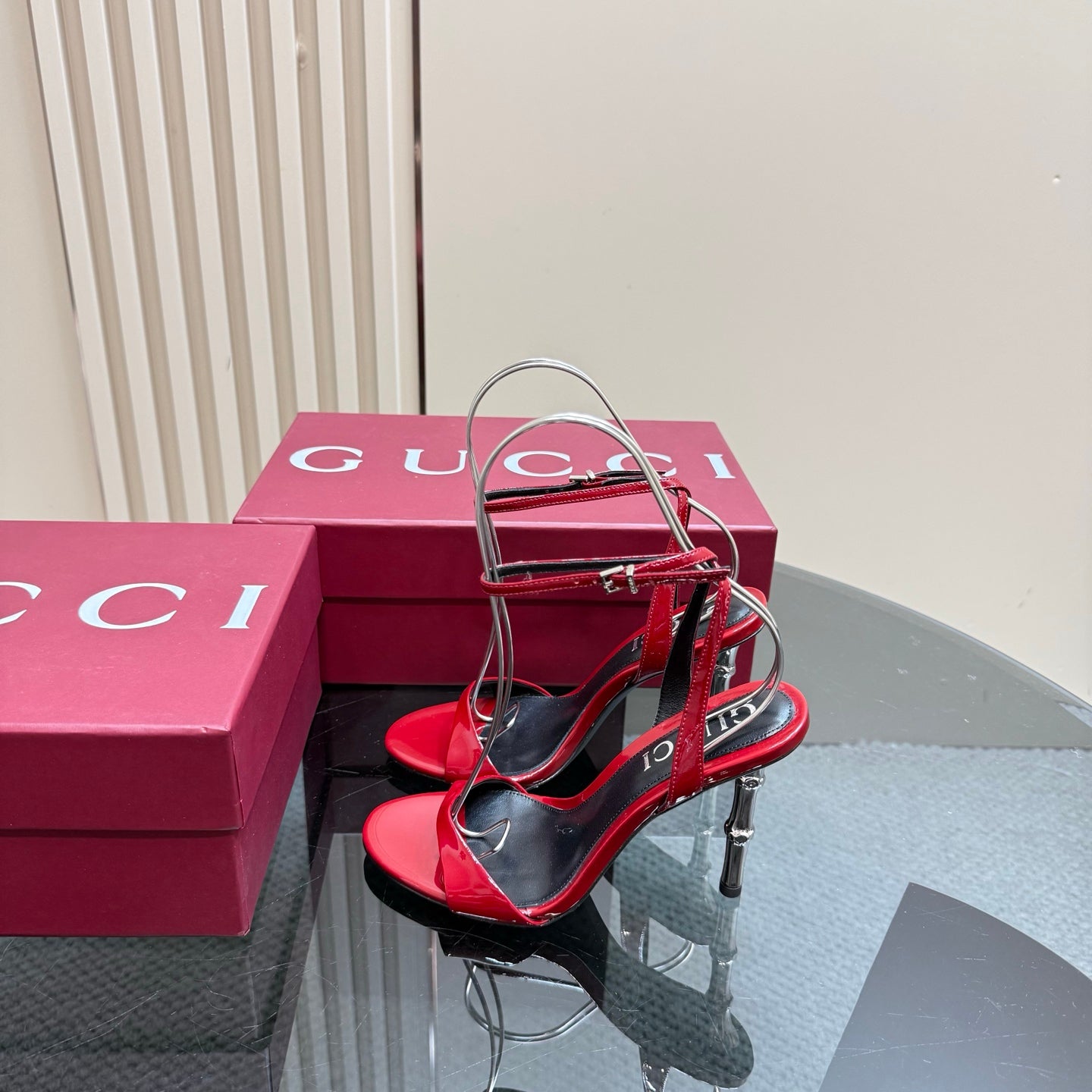STRAP HIGH BAMBOO-EFFECT HEEL SANDAL IN RED PATENT CALFSKIN - 35