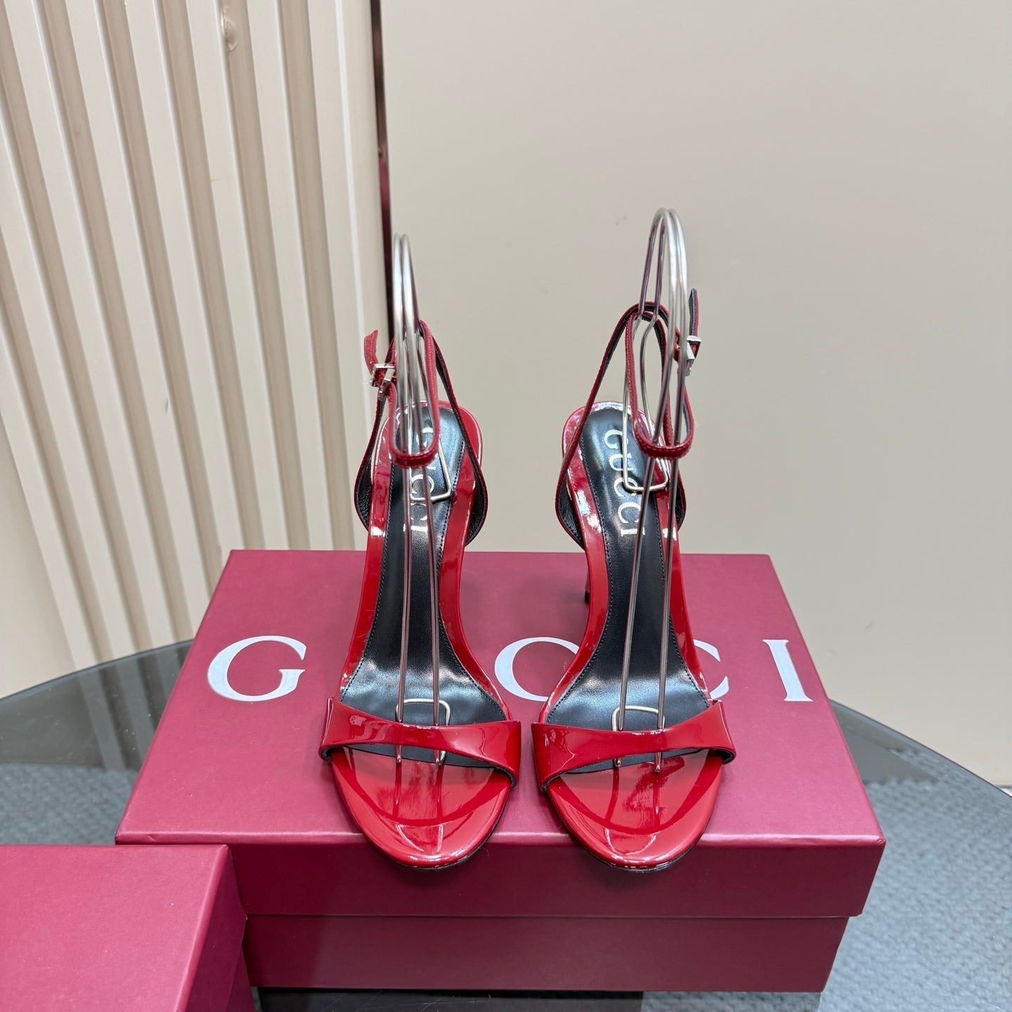 STRAP HIGH BAMBOO-EFFECT HEEL SANDAL IN RED PATENT CALFSKIN - 35