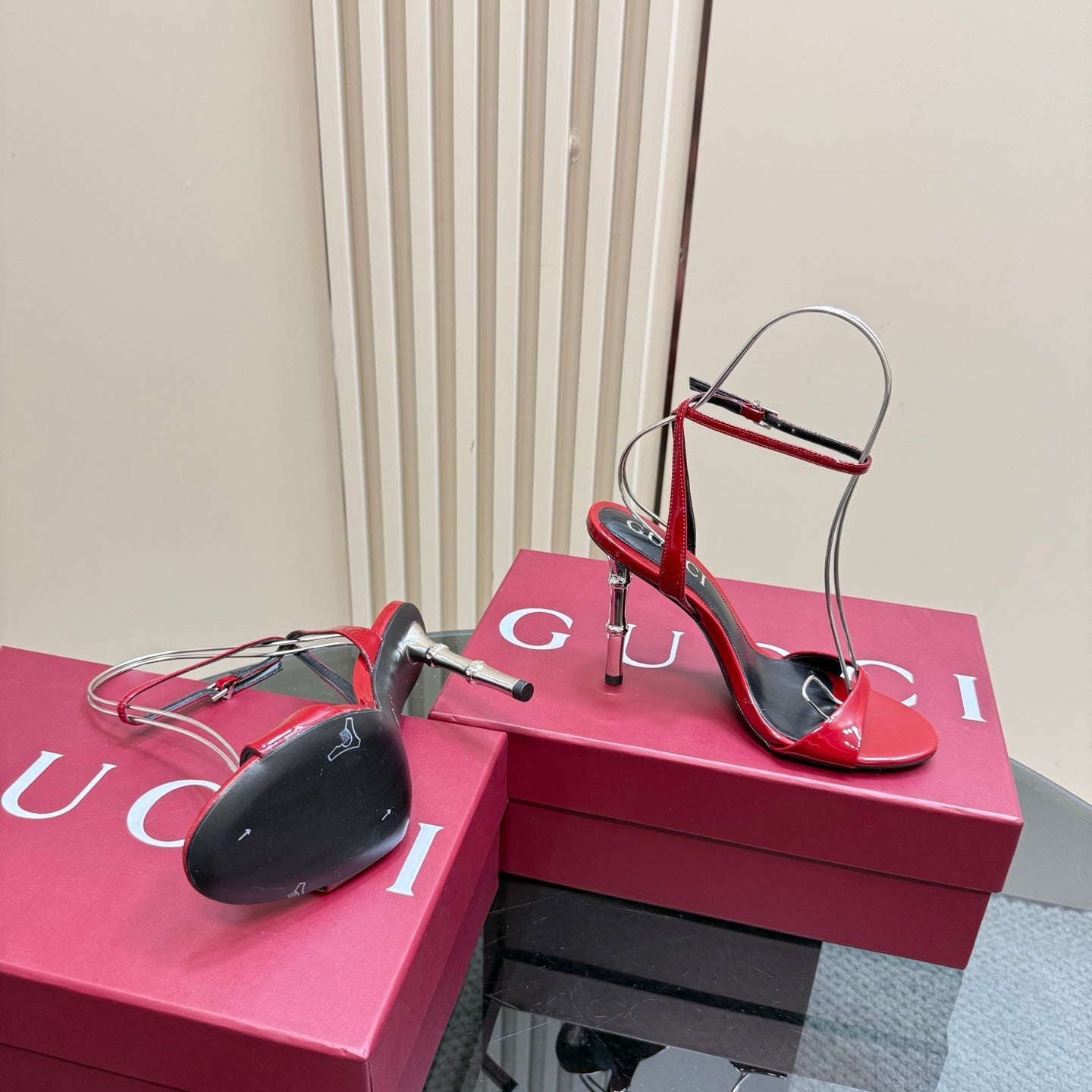 STRAP HIGH BAMBOO-EFFECT HEEL SANDAL IN RED PATENT CALFSKIN - 35