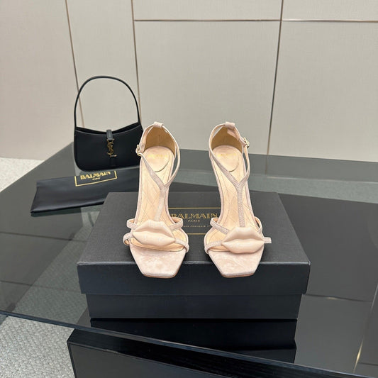 BALMAIN 25S LIPS SANDALS 10 IN BLUSH BEIGE SUEDE - 35