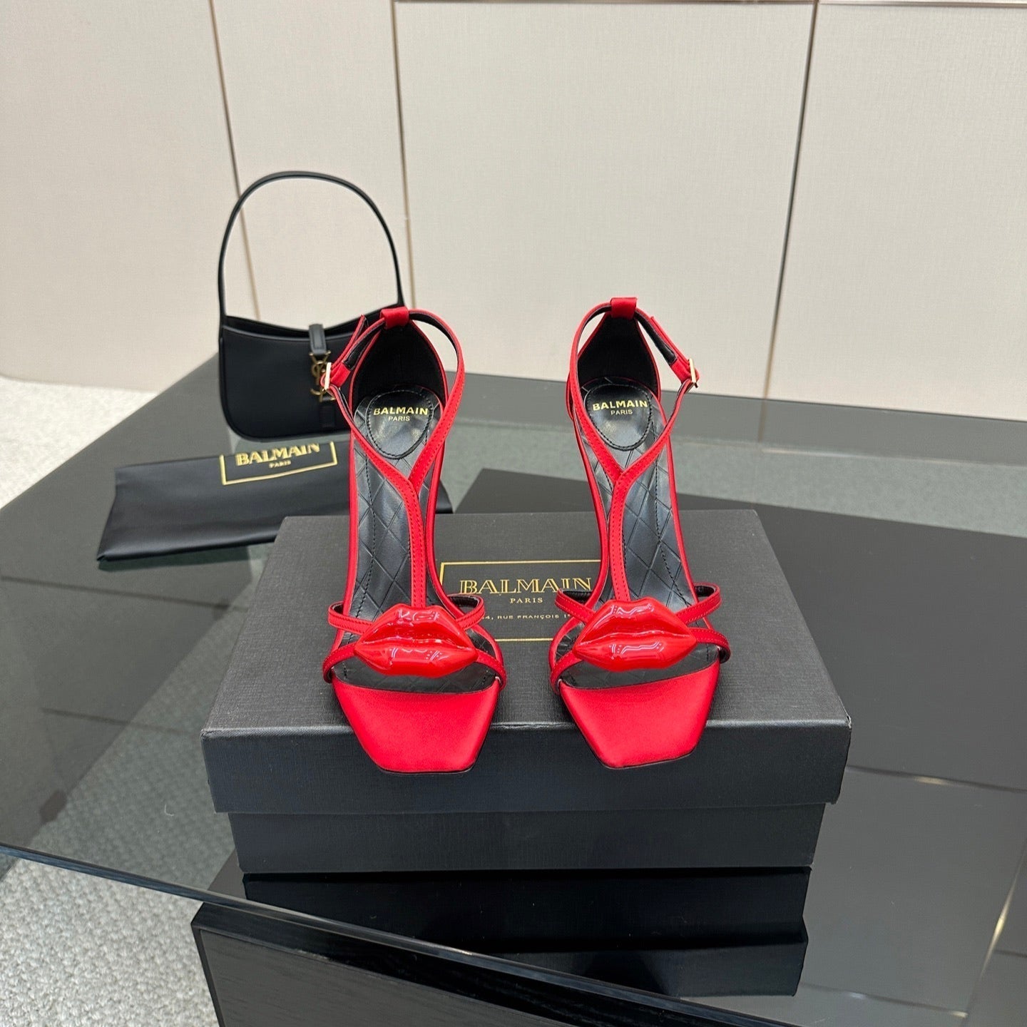 BALMAIN 25S LIPS SANDALS 10 IN CRIMSON RED SATIN - 35