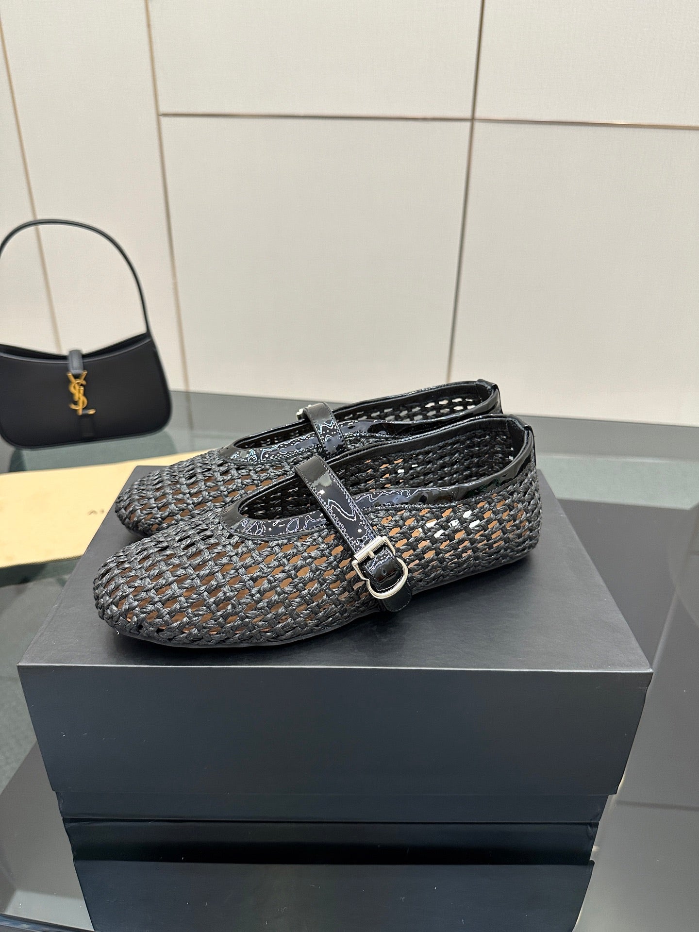 ALAIA MARY JANE FLAT 25S IN CHARCOAL GREY WOVEN MESH - 34