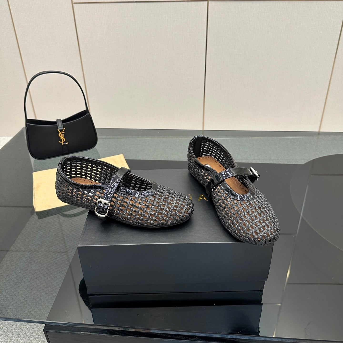 ALAIA MARY JANE FLAT 25S IN CHARCOAL GREY WOVEN MESH - 34