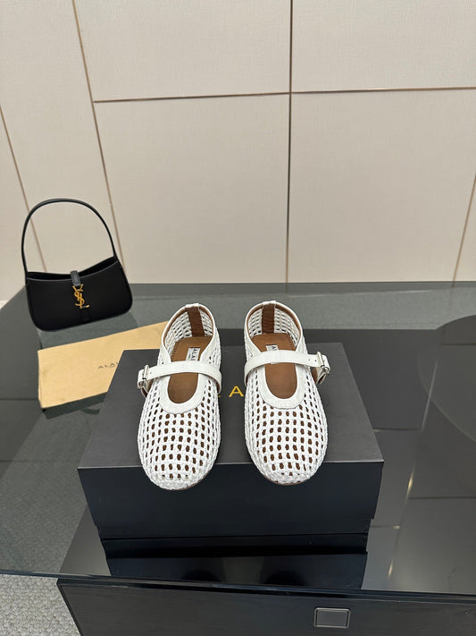 ALAIA MARY JANE FLAT 25S IN WHITE WOVEN MESH - 34