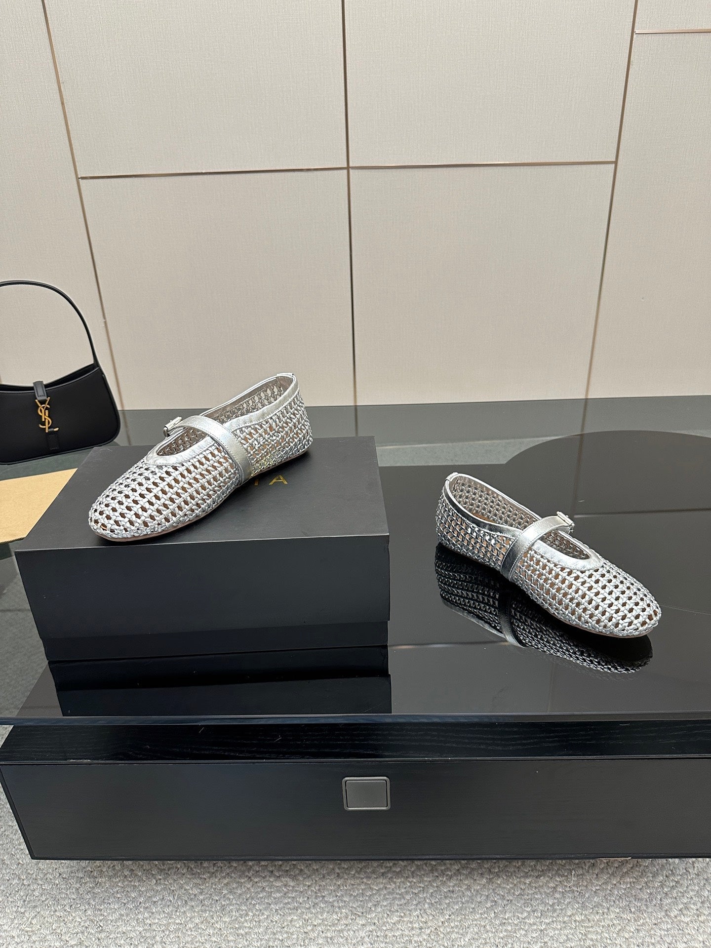 ALAIA MARY JANE FLAT 25S IN SILVER WOVEN MESH - 34