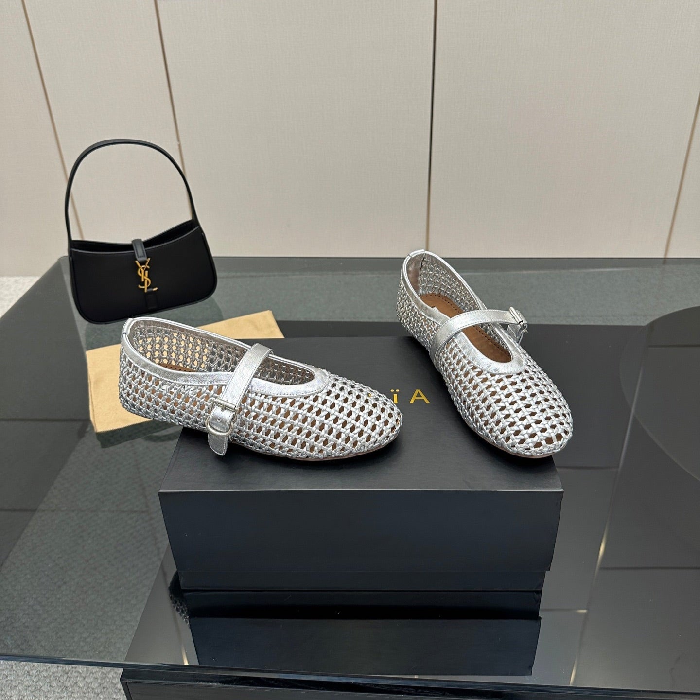 ALAIA MARY JANE FLAT 25S IN SILVER WOVEN MESH - 34