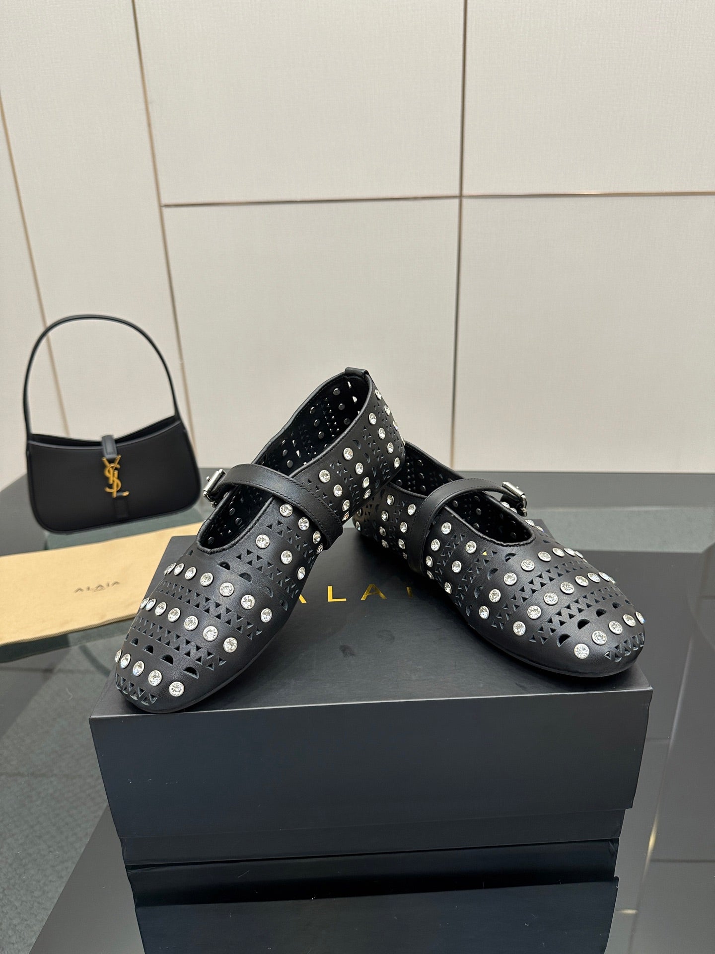 ALAIA BALLET SHOES 25S IN BLACK LAMBSKIN WITH CRYSTAL DETAILING - 34