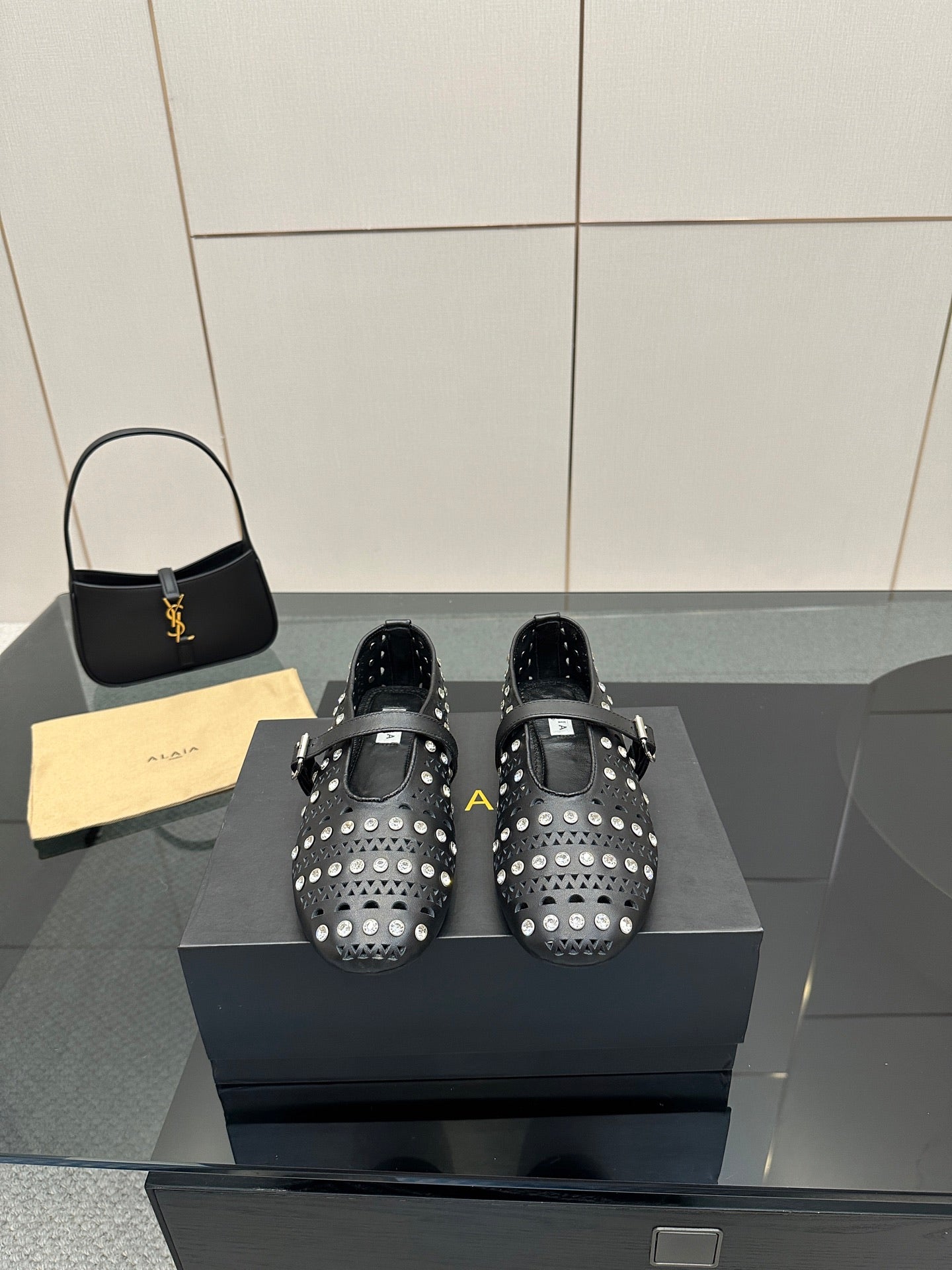ALAIA BALLET SHOES 25S IN BLACK LAMBSKIN WITH CRYSTAL DETAILING - 34