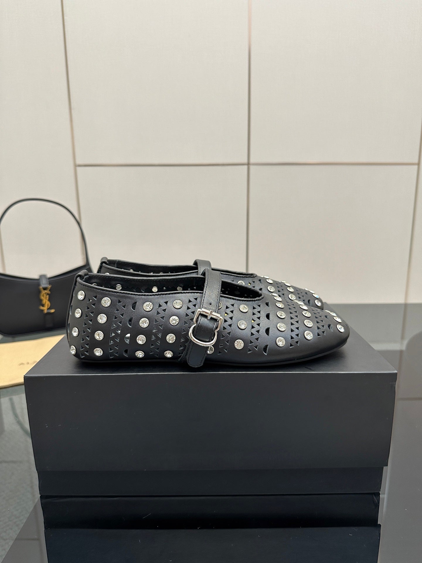 ALAIA BALLET SHOES 25S IN BLACK LAMBSKIN WITH CRYSTAL DETAILING - 34