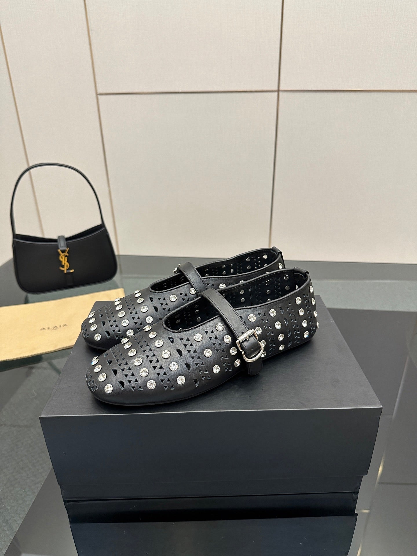 ALAIA BALLET SHOES 25S IN BLACK LAMBSKIN WITH CRYSTAL DETAILING - 34
