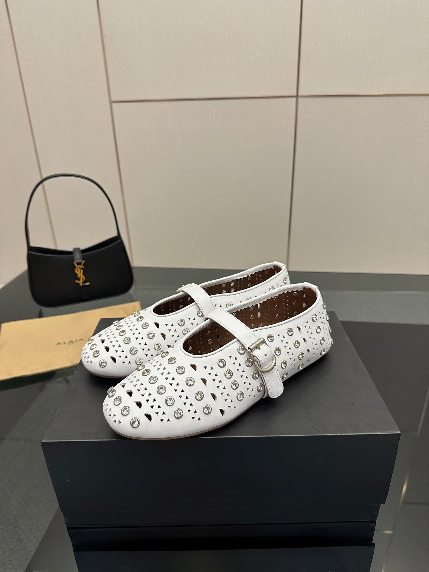 ALAIA BALLET SHOES 25S IN WHITE LAMBSKIN WITH CRYSTAL DETAILING - 34