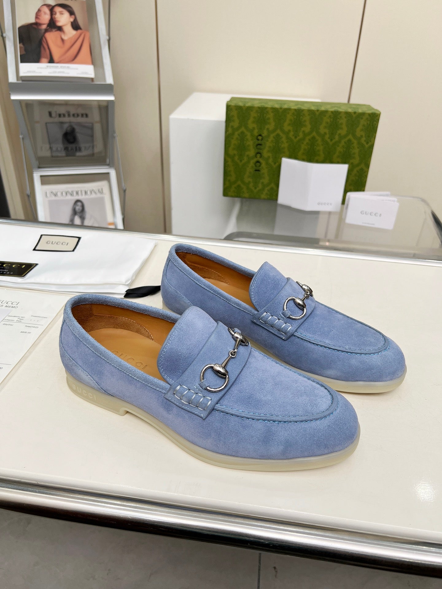 LOAFERS WITH SILVER HARDWARE IN CORNFLOWER BLUE SUEDE - 39