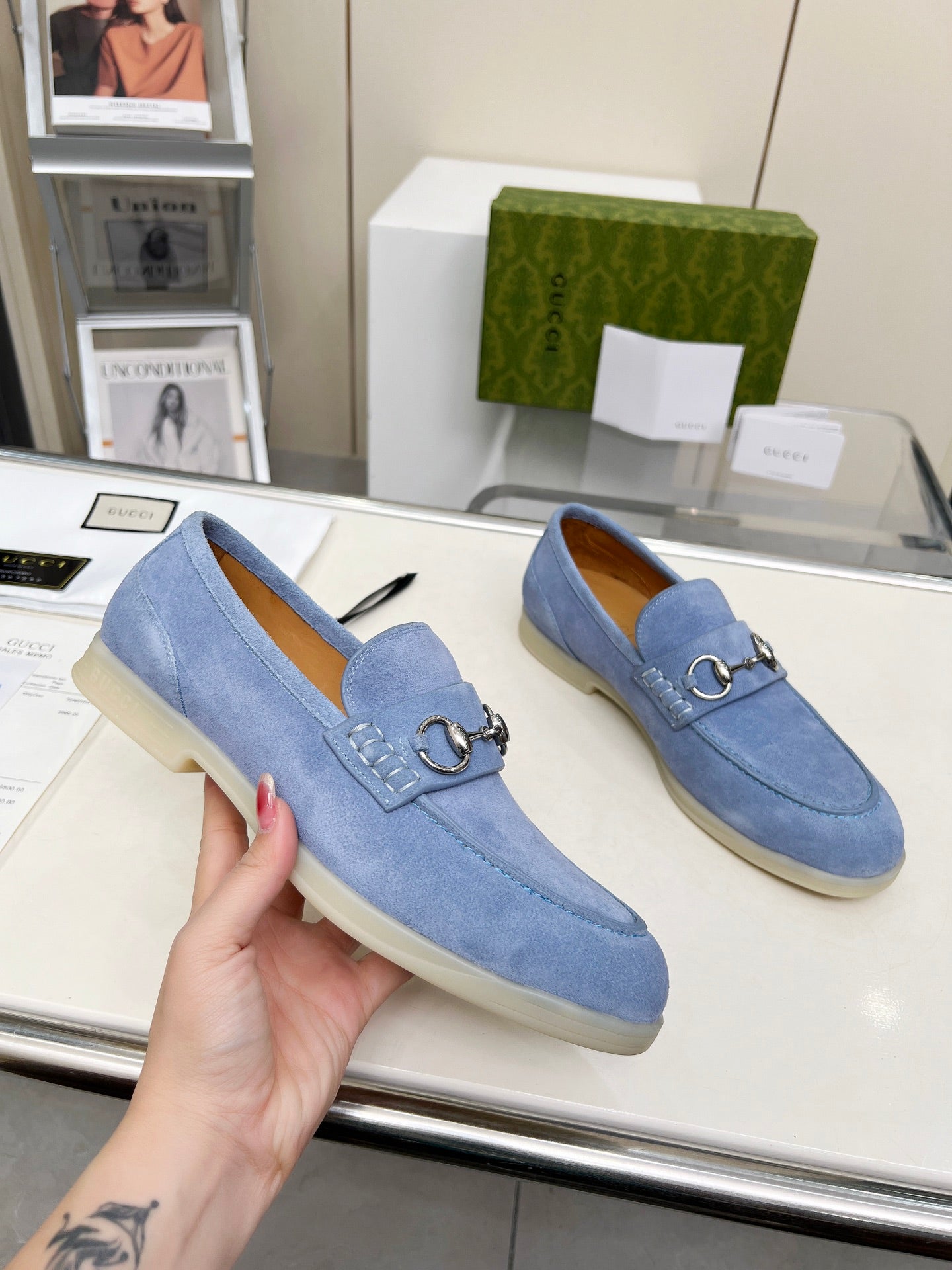 LOAFERS WITH SILVER HARDWARE IN CORNFLOWER BLUE SUEDE - 39