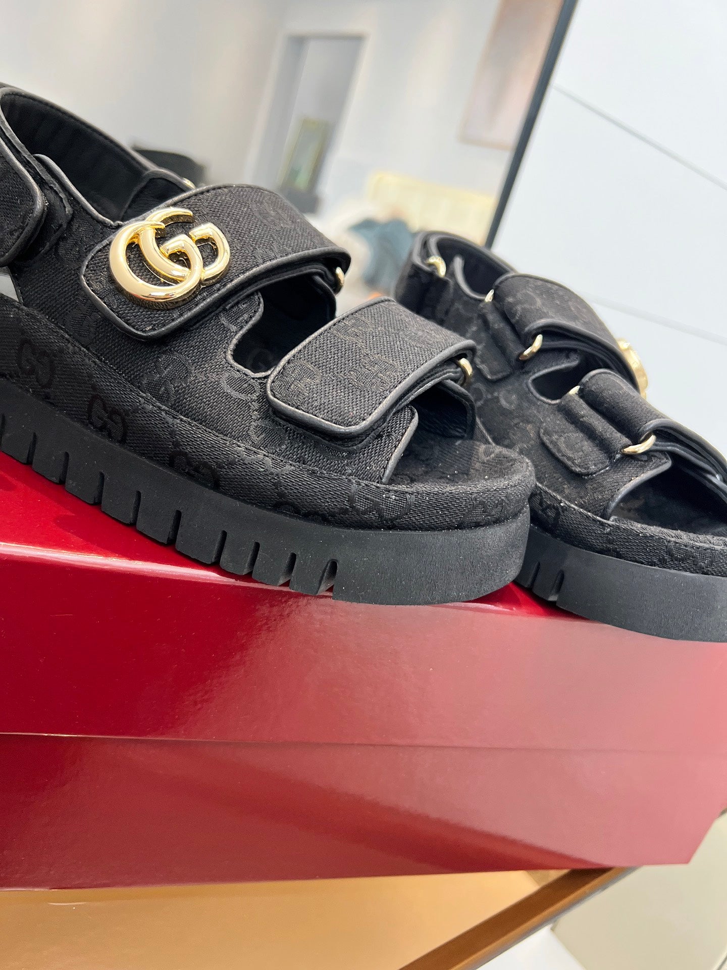 VELCRO STRAP SANDALS IN BLACK MONOGRAM CANVAS GOLD HARDWARE - 35