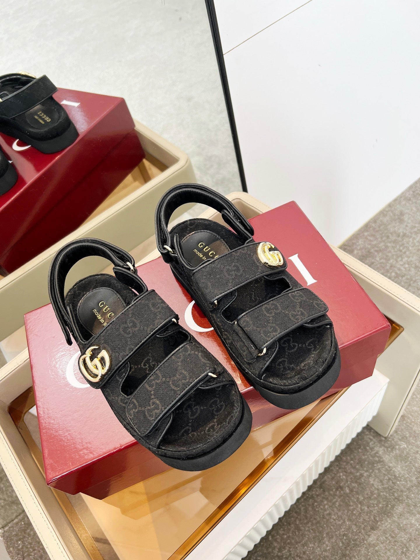 VELCRO STRAP SANDALS IN BLACK MONOGRAM CANVAS GOLD HARDWARE - 35