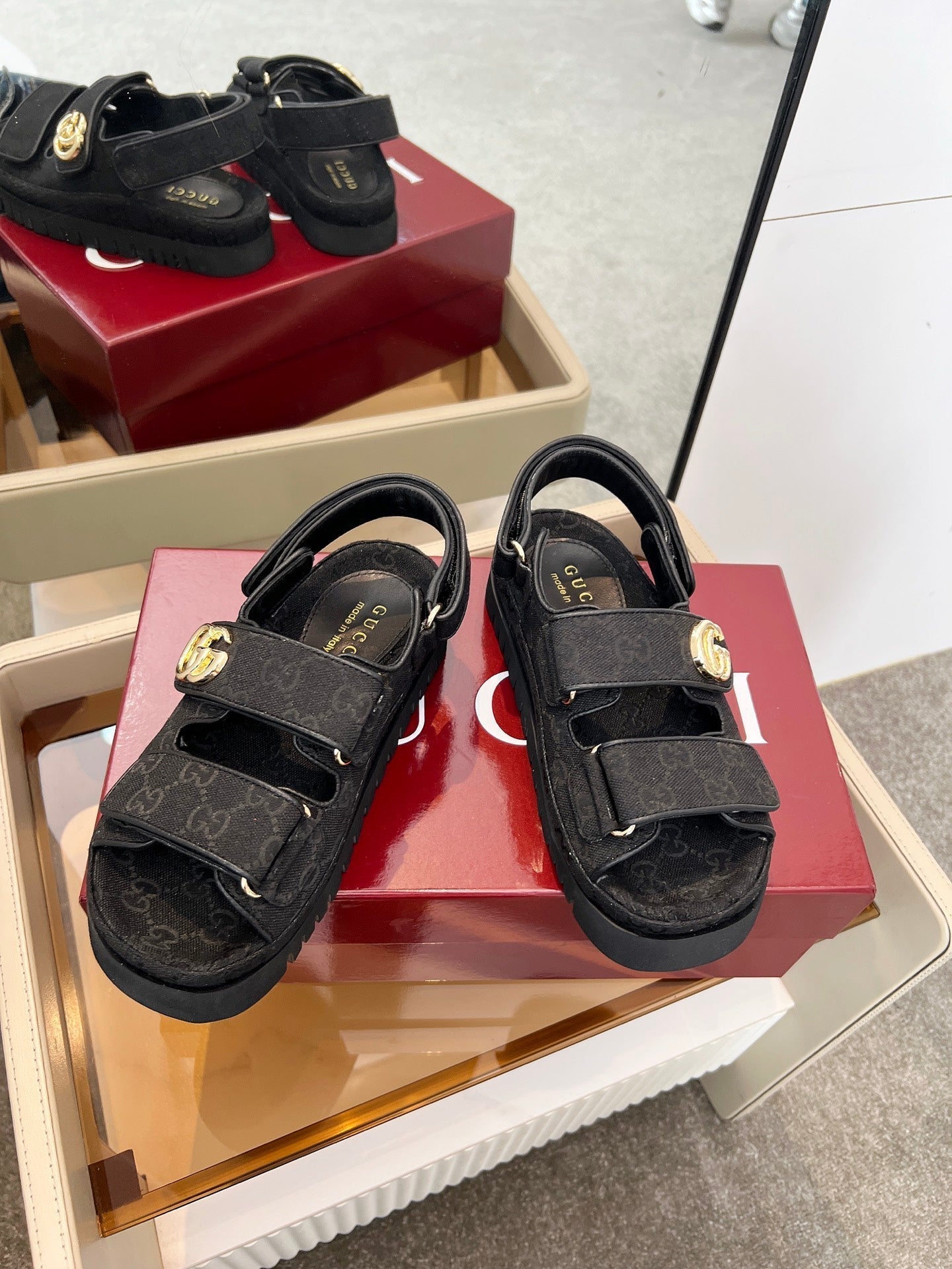 VELCRO STRAP SANDALS IN BLACK MONOGRAM CANVAS GOLD HARDWARE - 35
