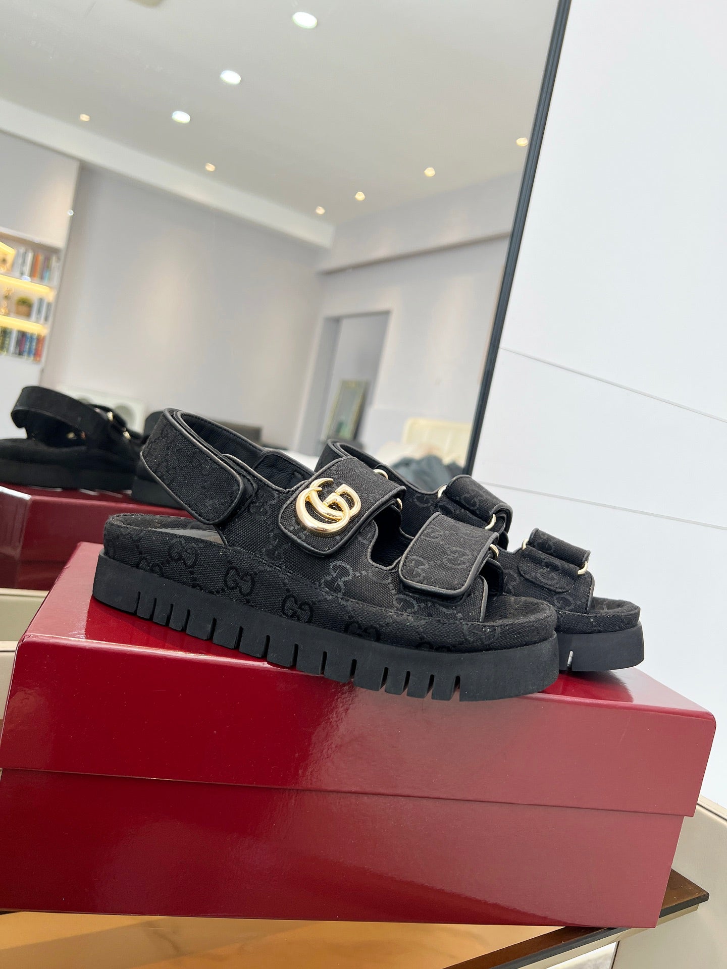 VELCRO STRAP SANDALS IN BLACK MONOGRAM CANVAS GOLD HARDWARE - 35