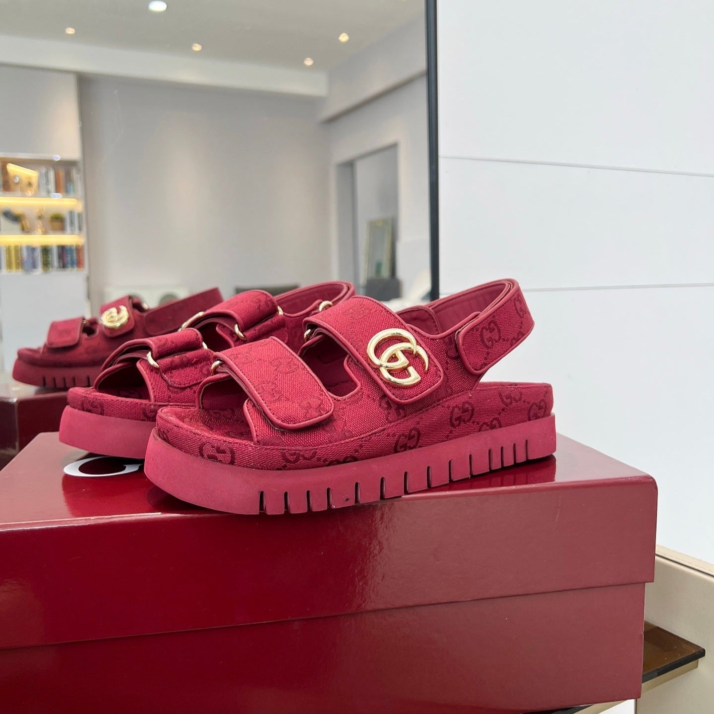 VELCRO STRAP SANDALS IN BRICK RED MONOGRAM CANVAS GOLD HARDWARE - 35