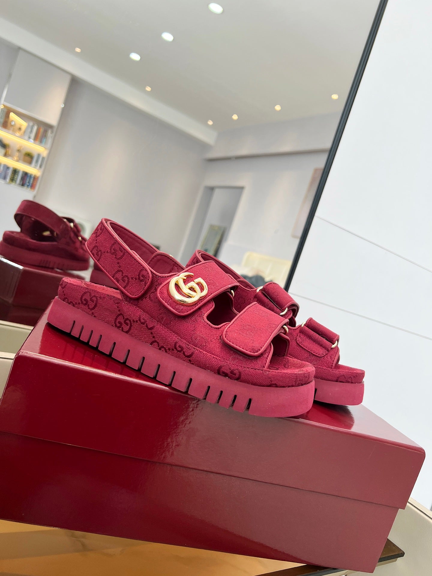 VELCRO STRAP SANDALS IN BRICK RED MONOGRAM CANVAS GOLD HARDWARE - 35