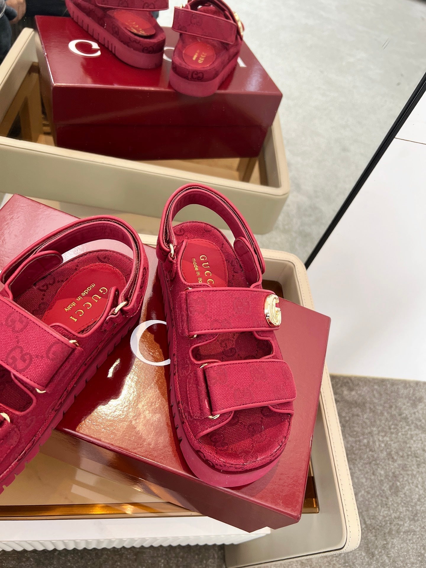 VELCRO STRAP SANDALS IN BRICK RED MONOGRAM CANVAS GOLD HARDWARE - 35