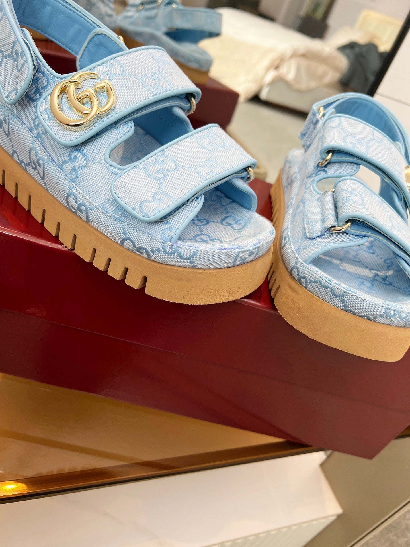 VELCRO STRAP SANDALS IN SKY BLUE MONOGRAM CANVAS GOLD HARDWARE - 35