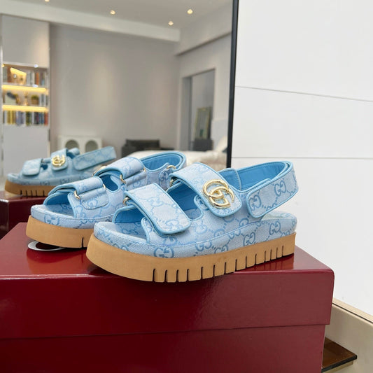 VELCRO STRAP SANDALS IN SKY BLUE MONOGRAM CANVAS GOLD HARDWARE - 35
