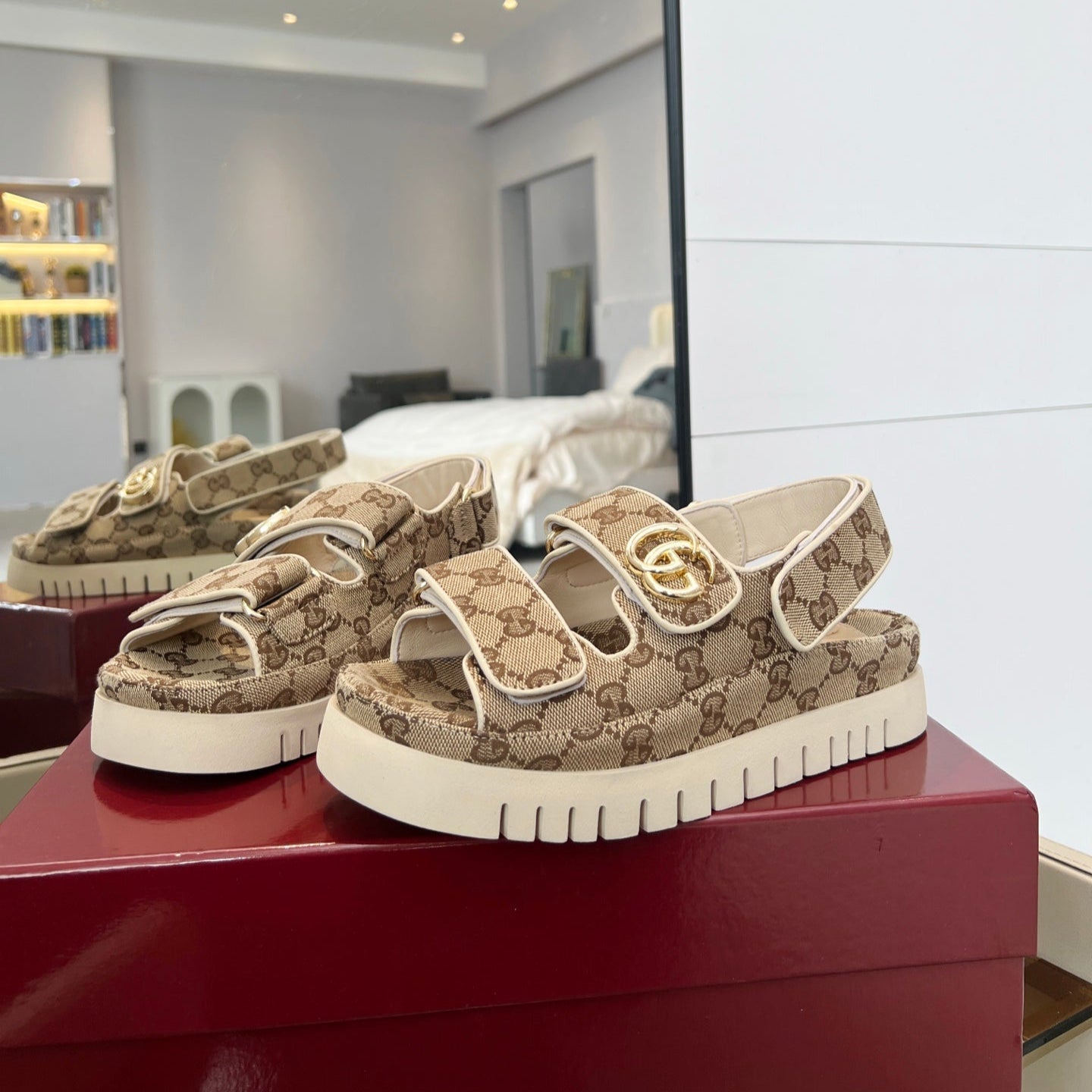 VELCRO STRAP SANDALS IN BEIGE AND DARK BROWN MONOGRAM CANVAS GOLD HARDWARE - 35