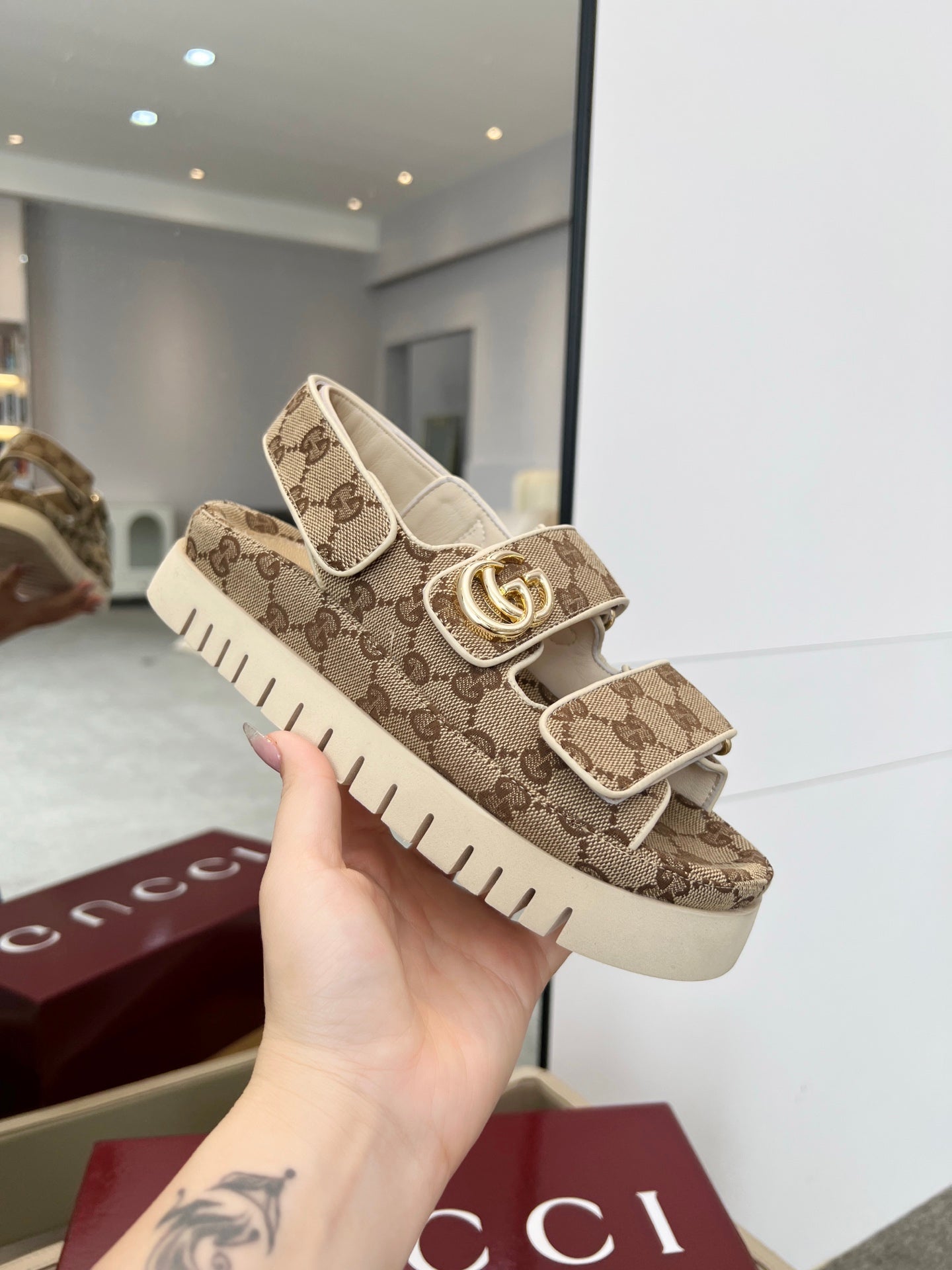 VELCRO STRAP SANDALS IN BEIGE AND DARK BROWN MONOGRAM CANVAS GOLD HARDWARE - 35