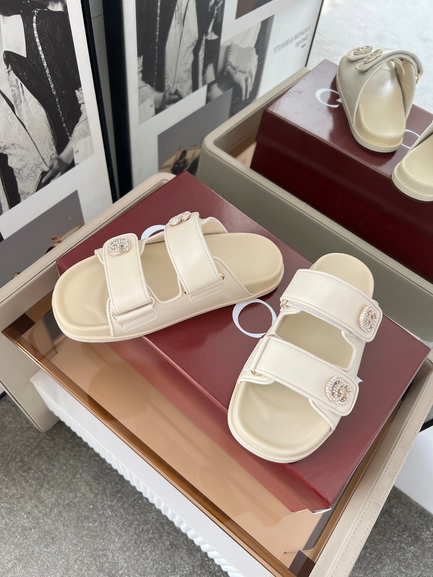 DOUBLE G CRYSTAL FLAT SANDALS IN IVORY SOFT LAMBSKIN - 35