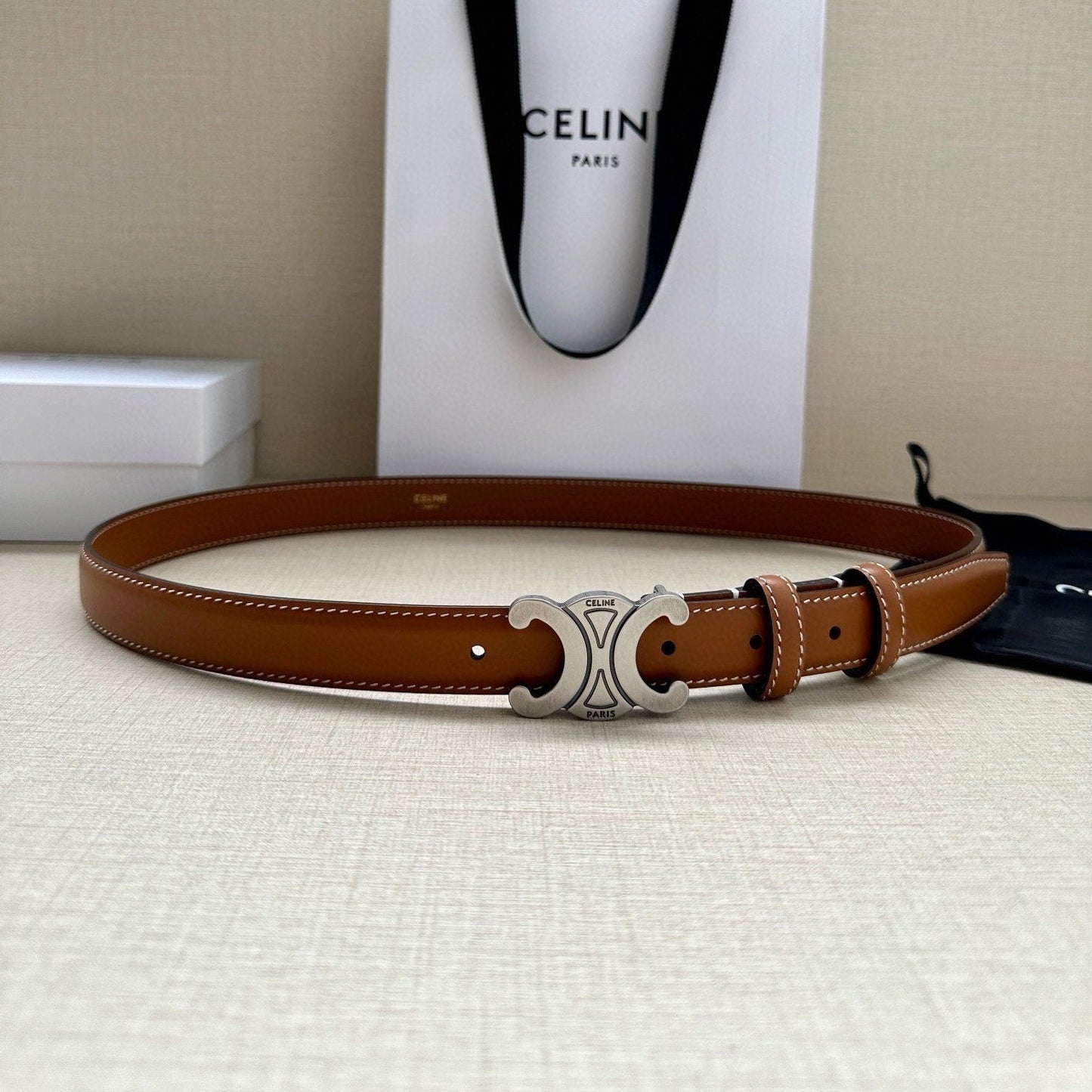 CELINE 25S BELT TRIOMPHE TAURILLON 25MM IN CARAMEL CALFSKIN 557499 - 26 - 28
