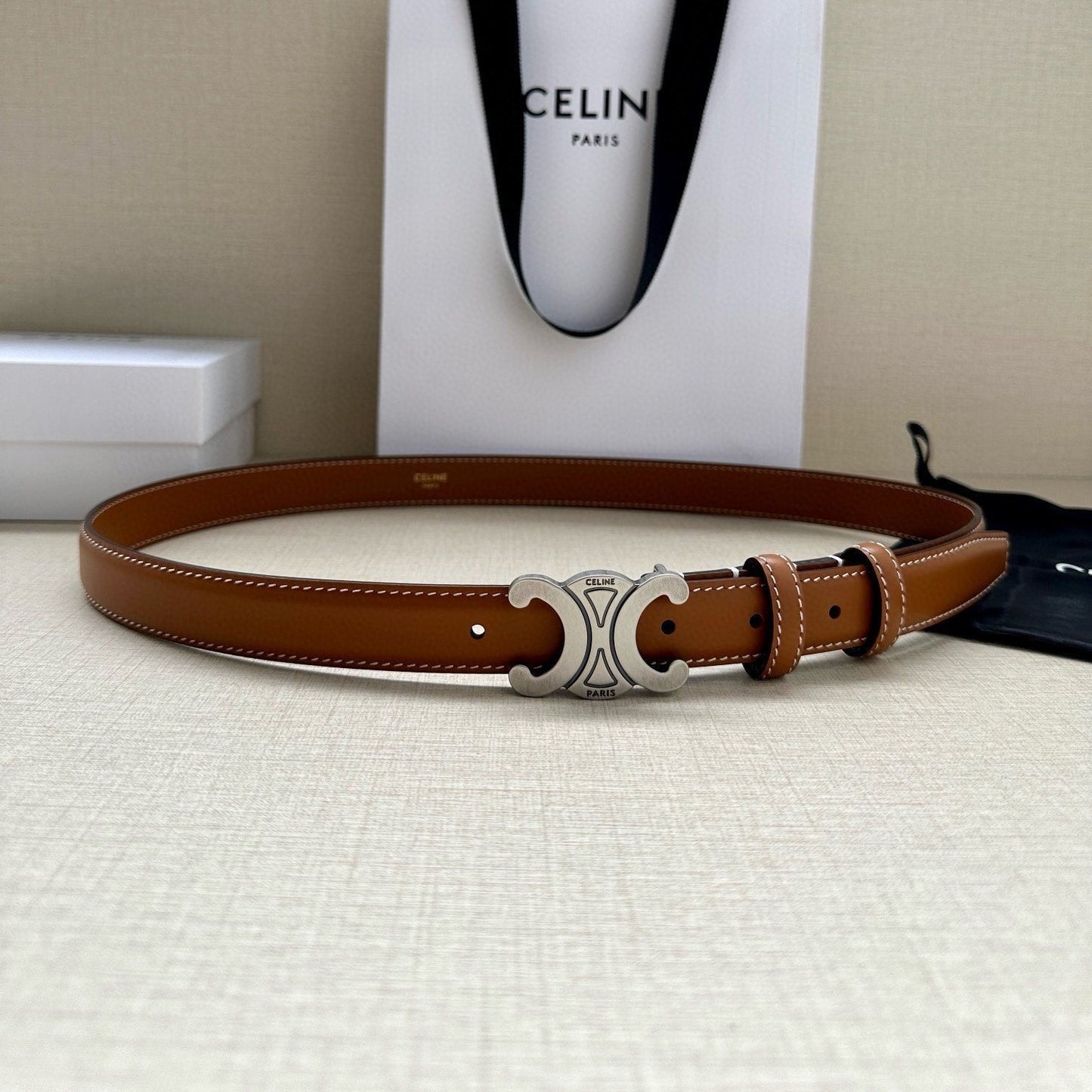 CELINE 25S BELT TRIOMPHE TAURILLON 25MM IN CARAMEL CALFSKIN 557499 - 26 - 28